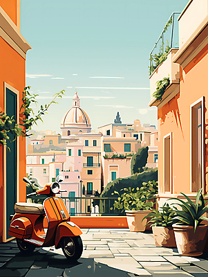 JPG 구름 화분 여행 일러스트 하늘 유럽건축 주택 풍경 사람없음 건물 마을 스쿠터 로마 디지털합성 주택가 국내일러스트 AI일러스트 AI콘텐츠 자연요소 건축물 서양건축 이탈리아 오토바이 파일형식