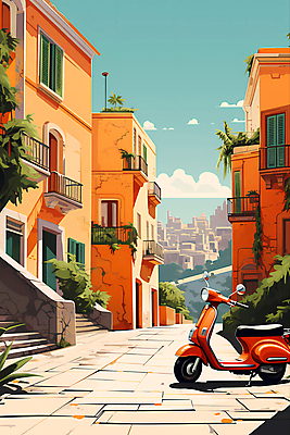 JPG 구름 여행 일러스트 하늘 유럽건축 거리 주택 풍경 사람없음 건물 마을 스쿠터 로마 디지털합성 주택가 국내일러스트 AI일러스트 AI콘텐츠 자연요소 건축물 서양건축 이탈리아 오토바이 파일형식