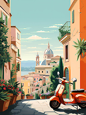 JPG 구름 여행 일러스트 하늘 유럽건축 주택 풍경 사람없음 건물 마을 스쿠터 로마 디지털합성 주택가 국내일러스트 AI일러스트 AI콘텐츠 자연요소 건축물 서양건축 이탈리아 오토바이 파일형식