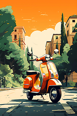 JPG 나무 구름 도로 여행 일러스트 하늘 유럽건축 풍경 사람없음 건물 마을 일몰 스쿠터 로마 디지털합성 국내일러스트 AI일러스트 AI콘텐츠 자연요소 식물 건축물 길 서양건축 교통시설 노을 이탈리아 오토바이 파일형식