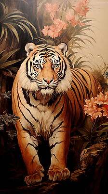 JPG 동물 한마리 꽃 일러스트 자연 사람없음 호랑이 디지털합성 맹수 국내일러스트 AI일러스트 AI콘텐츠 식물 1 포유류 생태계 파일형식