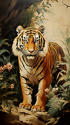 JPG 동물 한마리 꽃 일러스트 자연 사람없음 호랑이 디지털합성 맹수 국내일러스트 AI일러스트 AI콘텐츠 식물 1 포유류 생태계 파일형식