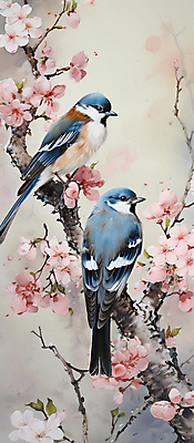 JPG 꽃 두마리 일러스트 자연 조류 풍경 사람없음 나뭇가지 디지털합성 화조화 국내일러스트 AI일러스트 AI콘텐츠 나무 식물 동물 2 동양화 생태계 파일형식