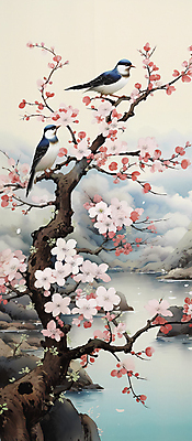 JPG 꽃 두마리 일러스트 자연 조류 풍경 사람없음 강 나뭇가지 디지털합성 화조화 국내일러스트 AI일러스트 AI콘텐츠 나무 식물 동물 2 동양화 생태계 파일형식