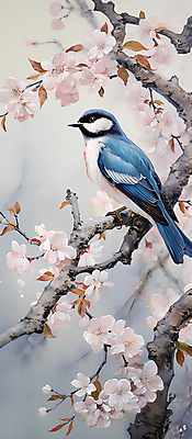 JPG 한마리 꽃 일러스트 자연 조류 풍경 사람없음 나뭇가지 디지털합성 화조화 국내일러스트 AI일러스트 AI콘텐츠 나무 식물 동물 1 동양화 생태계 파일형식