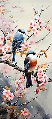 JPG 꽃 두마리 일러스트 자연 조류 풍경 사람없음 나뭇가지 디지털합성 화조화 국내일러스트 AI일러스트 AI콘텐츠 나무 식물 동물 2 동양화 생태계 파일형식