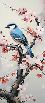 JPG 한마리 꽃 일러스트 자연 조류 풍경 사람없음 나뭇가지 디지털합성 화조화 국내일러스트 AI일러스트 AI콘텐츠 나무 식물 동물 1 동양화 생태계 파일형식