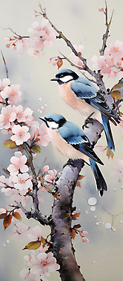 JPG 꽃 두마리 일러스트 자연 조류 풍경 사람없음 나뭇가지 디지털합성 화조화 국내일러스트 AI일러스트 AI콘텐츠 나무 식물 동물 2 동양화 생태계 파일형식