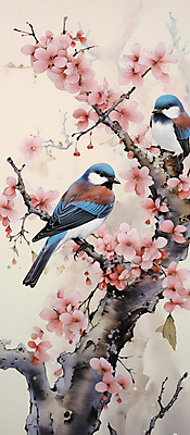 JPG 꽃 두마리 일러스트 자연 조류 풍경 사람없음 나뭇가지 디지털합성 화조화 국내일러스트 AI일러스트 AI콘텐츠 나무 식물 동물 2 동양화 생태계 파일형식