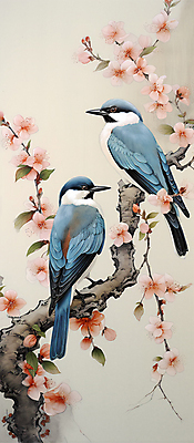 JPG 꽃 두마리 일러스트 자연 조류 풍경 사람없음 나뭇가지 디지털합성 화조화 국내일러스트 AI일러스트 AI콘텐츠 나무 식물 동물 2 동양화 생태계 파일형식