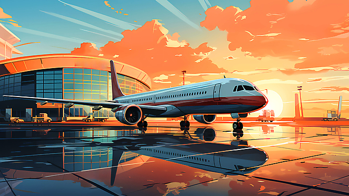 JPG 구름 여행 일러스트 하늘 비행기 풍경 사람없음 반사 일몰 공항 디지털합성 항공 국내일러스트 AI일러스트 AI콘텐츠 자연요소 항공교통 교통시설 대중교통 노을 파일형식