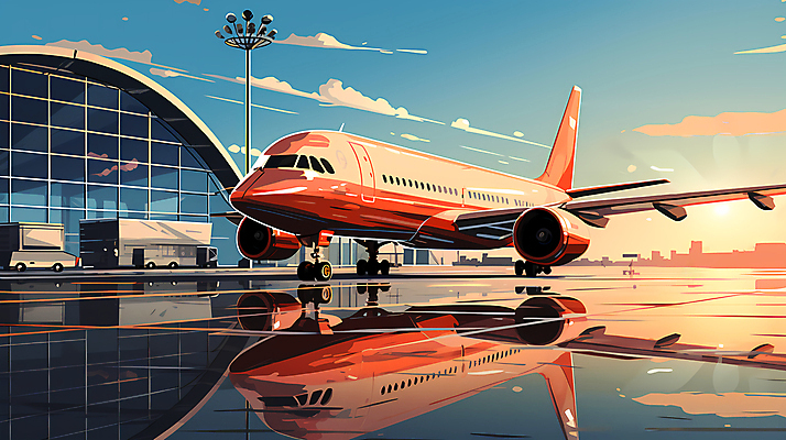 JPG 구름 여행 일러스트 하늘 비행기 풍경 사람없음 반사 일몰 공항 디지털합성 항공 국내일러스트 AI일러스트 AI콘텐츠 자연요소 항공교통 교통시설 대중교통 노을 파일형식