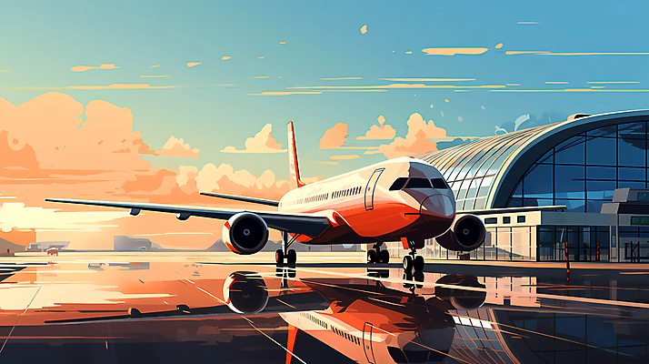 JPG 구름 여행 일러스트 하늘 비행기 풍경 사람없음 반사 일몰 공항 디지털합성 항공 국내일러스트 AI일러스트 AI콘텐츠 자연요소 항공교통 교통시설 대중교통 노을 파일형식