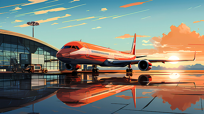 JPG 구름 여행 일러스트 하늘 비행기 풍경 사람없음 반사 일몰 공항 디지털합성 항공 국내일러스트 AI일러스트 AI콘텐츠 자연요소 항공교통 교통시설 대중교통 노을 파일형식