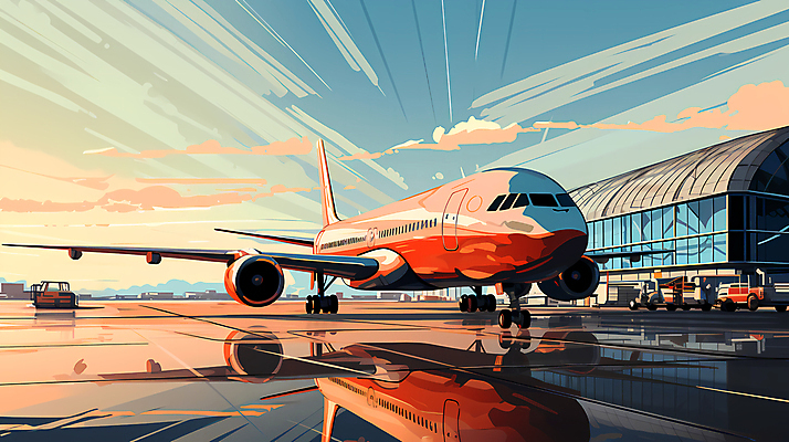 JPG 구름 여행 일러스트 하늘 비행기 풍경 사람없음 반사 일몰 공항 디지털합성 항공 국내일러스트 AI일러스트 AI콘텐츠 자연요소 항공교통 교통시설 대중교통 노을 파일형식