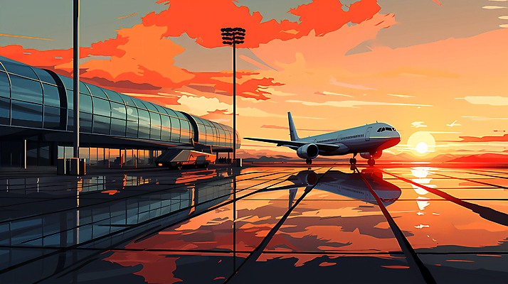JPG 구름 여행 일러스트 하늘 비행기 풍경 사람없음 반사 일몰 공항 디지털합성 항공 국내일러스트 AI일러스트 AI콘텐츠 자연요소 항공교통 교통시설 대중교통 노을 파일형식