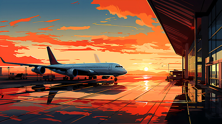JPG 구름 여행 일러스트 하늘 비행기 풍경 사람없음 반사 일몰 공항 디지털합성 항공 국내일러스트 AI일러스트 AI콘텐츠 자연요소 항공교통 교통시설 대중교통 노을 파일형식
