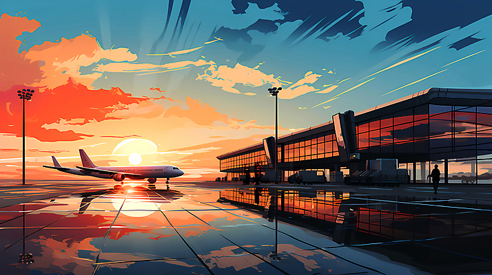 JPG 구름 여행 일러스트 하늘 비행기 풍경 사람없음 반사 일몰 공항 디지털합성 항공 국내일러스트 AI일러스트 AI콘텐츠 자연요소 항공교통 교통시설 대중교통 노을 파일형식