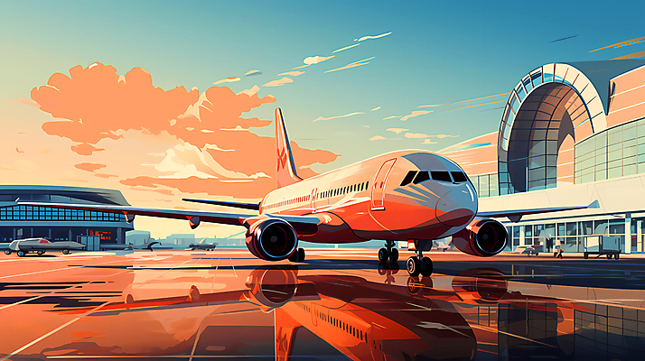 JPG 구름 여행 일러스트 하늘 비행기 풍경 사람없음 반사 일몰 공항 디지털합성 항공 국내일러스트 AI일러스트 AI콘텐츠 자연요소 항공교통 교통시설 대중교통 노을 파일형식