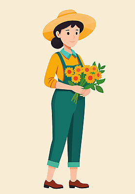 전신 PSD 여자 꽃 일러스트 작업복 한명 들기 성인 농사 농부 멜빵바지 밀짚모자 귀농 성인여자한명만 국내일러스트 식물 직업 모자_잡화 1 옷 농업 바지 모션 사람 멜빵 여자한명만 성인여자만 파일형식