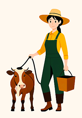 전신 PSD 여자 일러스트 작업복 한명 들기 성인 농사 가축 농부 양동이 멜빵바지 밀짚모자 귀농 고삐 송아지 성인여자한명만 국내일러스트 동물 직업 모자_잡화 1 옷 새끼 농업 바지 모션 사람 소 멜빵 여자한명만 성인여자만 파일형식