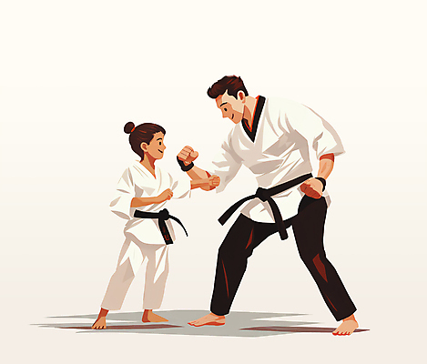 전신 PSD 여자 남자 어린이 일러스트 응원 도복 소녀 성인 두명 운동 교사 격투기 무도 가르침 태권도 스승 제자 호신술 사범 국내일러스트 직업 옷 교육 스포츠 건강 사람 파일형식