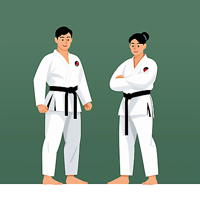 전신 PSD 여자 남자 일러스트 도복 성인 두명 운동 팔짱 격투기 무도 자신감 태권도 호신술 성인만 국내일러스트 옷 감정 스포츠 모션 건강 사람 파일형식