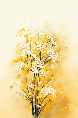 JPG 줄기 여러송이 백그라운드 일러스트 자연 수채화 사람없음 노란색 안개꽃 국내일러스트 AI일러스트 AI콘텐츠 식물 꽃 컬러 다수 생태계 한해살이풀 파일형식