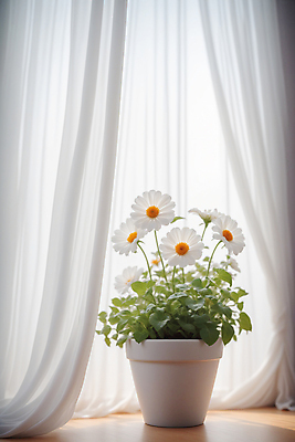 JPG 편집이미지 꽃 화분 여러송이 잎 사람없음 흰색 커튼 창가 편집실사 AI포토 AI콘텐츠 식물 컬러 다수 창문 CG 파일형식