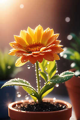 JPG 편집이미지 꽃 화분 잎 사람없음 햇빛 노란색 물방울 창가 편집실사 AI포토 AI콘텐츠 식물 컬러 창문 태양 CG 파일형식