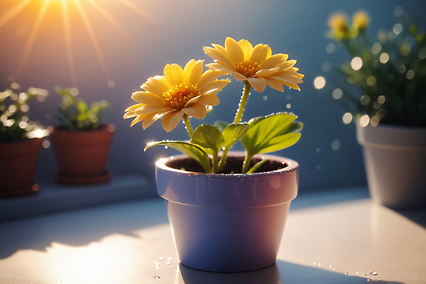 JPG 편집이미지 꽃 화분 잎 사람없음 햇빛 노란색 물방울 두송이 창가 편집실사 AI포토 AI콘텐츠 식물 컬러 2 창문 태양 CG 파일형식