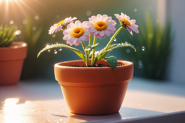 JPG 편집이미지 꽃 화분 여러송이 잎 사람없음 햇빛 물방울 창가 편집실사 AI포토 AI콘텐츠 식물 다수 창문 태양 CG 파일형식