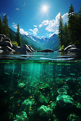 JPG 구름 편집이미지 바다 자연 하늘 풍경 사람없음 물 햇빛 계곡 수중 조약돌 바위 디지털합성 수중사진 편집실사 AI포토 AI콘텐츠 자연요소 태양 돌_바위 CG 생태계 파일형식