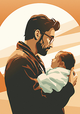 남자 행복 일러스트 안기 함께함 상반신 성인 두명 주황색 육아 아기 신생아 아빠 안경낌 국내일러스트 AI파일 감정 안경 컬러 컨셉 가족 모션 사람 파일형식 벡터