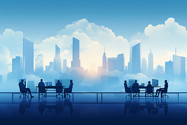 JPG 전신 구름 의자 일러스트 회사 탁자 하늘 회의 협력 사람 앉기 여러명 성인 건물 파란색 모니터 도시 업무 직장인 그룹 책상 성인만 국내일러스트 AI일러스트 AI콘텐츠 자연요소 직업 건축물 컬러 가구 다수 비즈니스 모션 컴퓨터 작업 파일형식