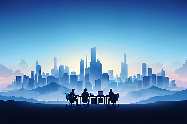 JPG 전신 구름 의자 일러스트 회사 탁자 하늘 회의 협력 사람 앉기 성인 건물 세명 파란색 노트북 모니터 도시 업무 직장인 그룹 성인만 국내일러스트 AI일러스트 AI콘텐츠 자연요소 직업 건축물 컬러 가구 비즈니스 모션 전자제품 컴퓨터 작업 파일형식