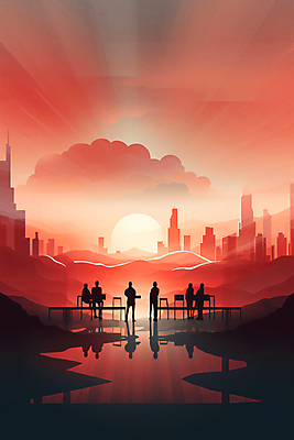 JPG 전신 구름 의자 일러스트 회사 탁자 하늘 회의 협력 사람 여러명 성인 건물 빨간색 노을 도시 업무 직장인 그룹 성인만 국내일러스트 AI일러스트 AI콘텐츠 자연요소 직업 건축물 컬러 가구 다수 비즈니스 작업 파일형식