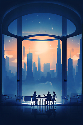 JPG 전신 구름 별 의자 일러스트 회사 탁자 하늘 회의 협력 조명 앉기 성인 건물 세명 파란색 빛 노을 도시 업무 직장인 그룹 성인만 국내일러스트 AI일러스트 AI콘텐츠 자연요소 직업 건축물 컬러 가구 비즈니스 모션 사람 작업 파일형식