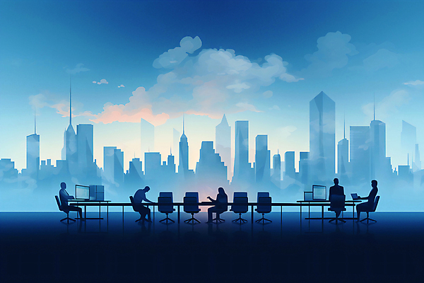 JPG 전신 구름 의자 일러스트 회사 탁자 하늘 회의 협력 사람 앉기 여러명 성인 건물 파란색 모니터 도시 업무 직장인 그룹 책상 성인만 국내일러스트 AI일러스트 AI콘텐츠 자연요소 직업 건축물 컬러 가구 다수 비즈니스 모션 컴퓨터 작업 파일형식