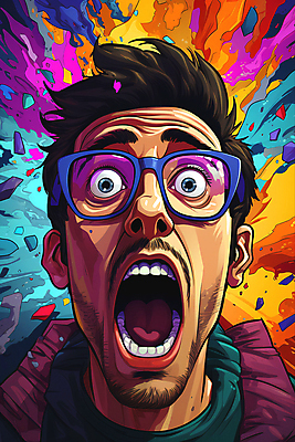 JPG 남자 일러스트 입벌림 한명 상반신 성인 컬러풀 놀람 디지털합성 팝아트 감탄사 성인남자한명만 안경낌 국내일러스트 AI일러스트 AI콘텐츠 1 감정 안경 컬러 표정 사람 그림 남자한명만 성인남자만 파일형식
