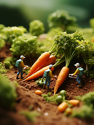 JPG 편집이미지 밭 농업 풍경 사람없음 당근 미니어처 수확 농부 디지털합성 편집실사 AI포토 AI콘텐츠 직업 산업 뿌리채소 모형 CG 파일형식