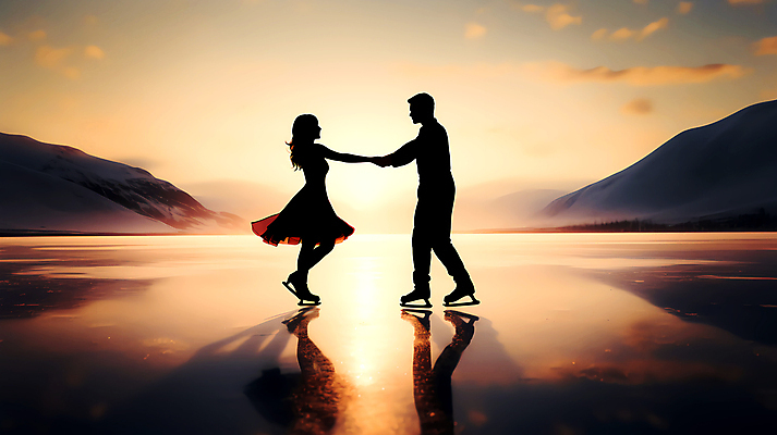 JPG 전신 편집이미지 여자 남자 실루엣 성인 두명 반사 마주보기 손잡기 일몰 피겨스케이팅 피겨스케이터 성인만 편집실사 AI인물포토 AI콘텐츠 모션 촬영기법 사람 노을 스케이팅 CG 스케이터 파일형식 AI포토