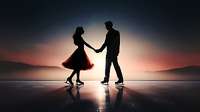 JPG 전신 편집이미지 여자 남자 실루엣 성인 두명 반사 마주보기 손잡기 일몰 피겨스케이팅 피겨스케이터 성인만 편집실사 AI인물포토 AI콘텐츠 모션 촬영기법 사람 노을 스케이팅 CG 스케이터 파일형식 AI포토