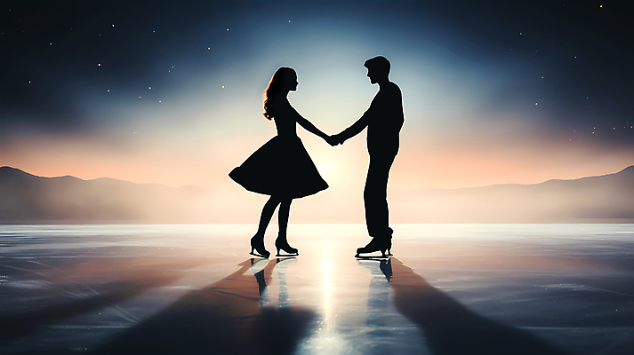 JPG 전신 편집이미지 여자 남자 실루엣 성인 두명 반사 마주보기 손잡기 일몰 피겨스케이팅 피겨스케이터 성인만 편집실사 AI인물포토 AI콘텐츠 모션 촬영기법 사람 노을 스케이팅 CG 스케이터 파일형식 AI포토