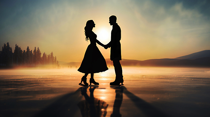 JPG 전신 편집이미지 여자 남자 실루엣 성인 두명 반사 마주보기 손잡기 일몰 피겨스케이팅 피겨스케이터 성인만 편집실사 AI인물포토 AI콘텐츠 모션 촬영기법 사람 노을 스케이팅 CG 스케이터 파일형식 AI포토