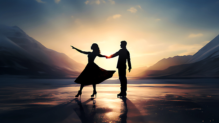 JPG 전신 편집이미지 여자 남자 실루엣 성인 두명 반사 손잡기 일몰 피겨스케이팅 피겨스케이터 성인만 편집실사 AI인물포토 AI콘텐츠 모션 촬영기법 사람 노을 스케이팅 CG 스케이터 파일형식 AI포토