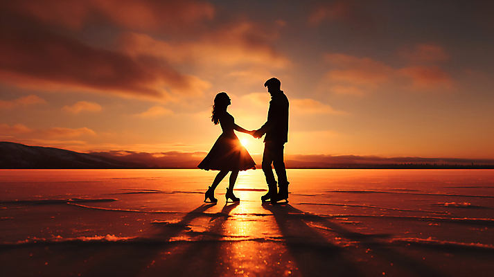 JPG 전신 편집이미지 여자 남자 실루엣 성인 해변 두명 반사 마주보기 손잡기 일몰 피겨스케이팅 피겨스케이터 성인만 편집실사 AI인물포토 AI콘텐츠 바다 모션 촬영기법 사람 노을 스케이팅 CG 스케이터 파일형식 AI포토