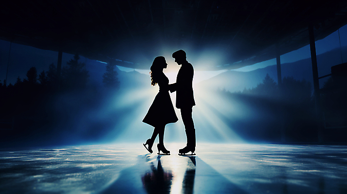 JPG 전신 편집이미지 여자 남자 실루엣 성인 두명 반사 마주보기 손잡기 피겨스케이팅 피겨스케이터 성인만 편집실사 AI인물포토 AI콘텐츠 모션 촬영기법 사람 스케이팅 CG 스케이터 파일형식 AI포토