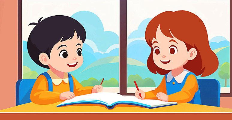 JPG 나무 구름 학생 여자 어린이교육 남자 어린이라이프 어린이 의자 일러스트 창문 교실 학교 수업 산 앉기 소녀 소년 상반신 두명 학습 연필 기록 책상 교과서 어린이만 국내일러스트 AI일러스트 AI콘텐츠 자연요소 식물 라이프스타일 교육 가구 모션 학용품 교재 사람 필기구 파일형식