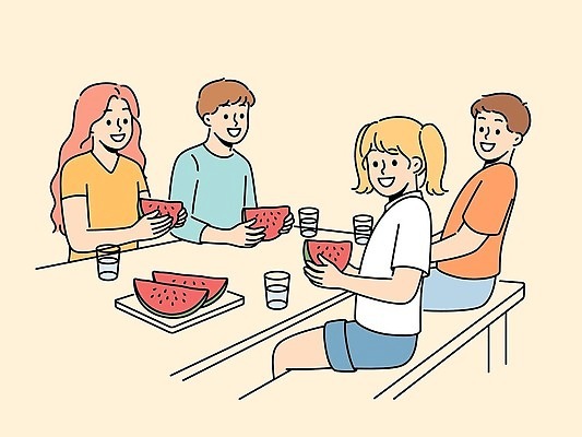 EPS 해외이미지 여자 남자 어린이 의자 일러스트 식탁 수박 앉기 소년 상반신 물컵 어린이만 해외202310 해외일러스트 가구 과일 모션 탁자 사람 컵 파일형식 벡터